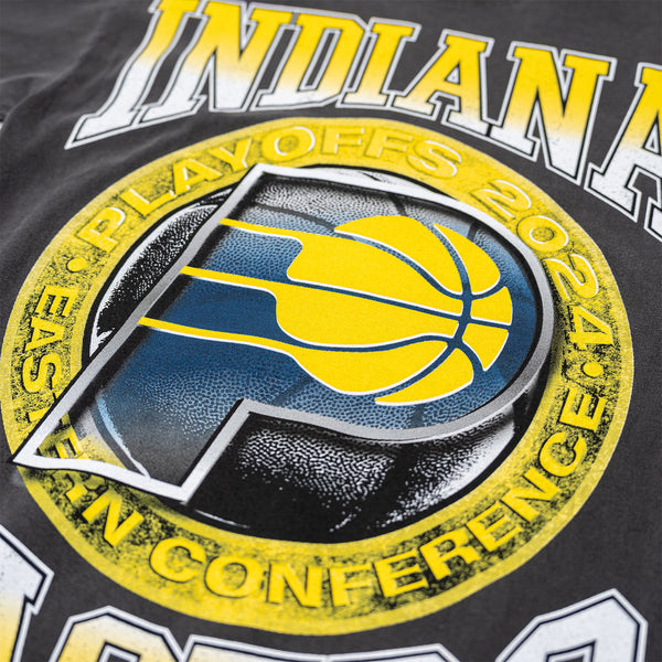 Adult Indiana Pacers 2024 NBA Playoffs T-shirt in Black by Authmade - Zoomed in Front Logo View