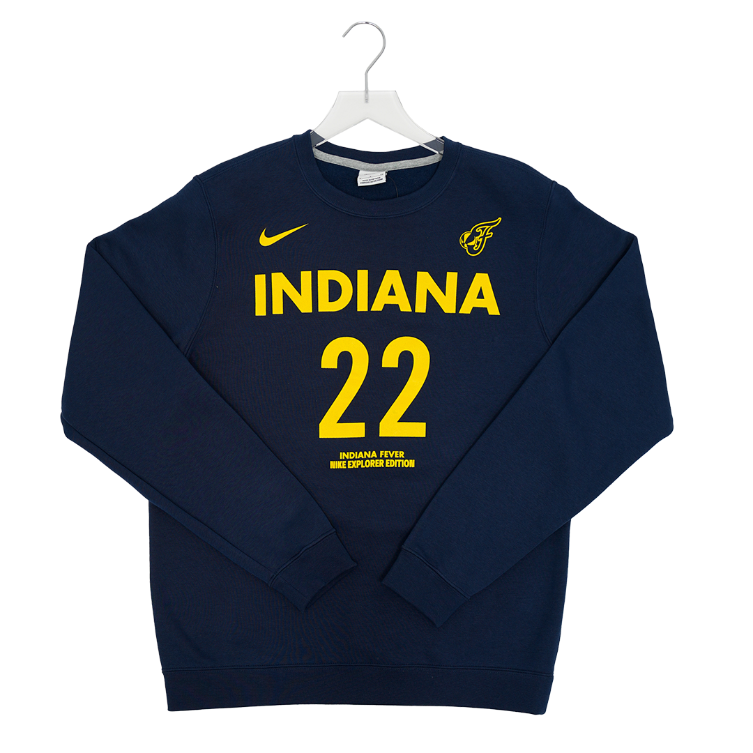 Adult Indiana Fever #22 Caitlin Clark Explorer Name and Number Crewneck Sweatshirt in Navy by Nike