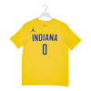 Adult Indiana Pacers #0 Tyrese Haliburton Statement Name and Number T-shirt by Jordan in Gold - Front View