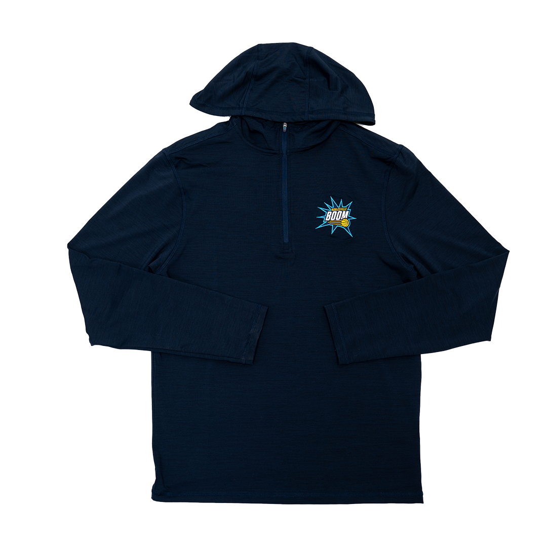 Adult Noblesville Boom 1/4 Zip Tidy Hooded Pullover Shirt in Navy by Antigua