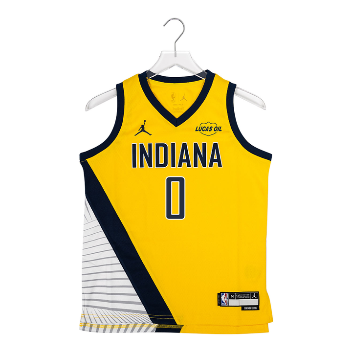 Youth Indiana Pacers #0 Tyrese Haliburton Statement Swingman Jersey in Gold by Jordan