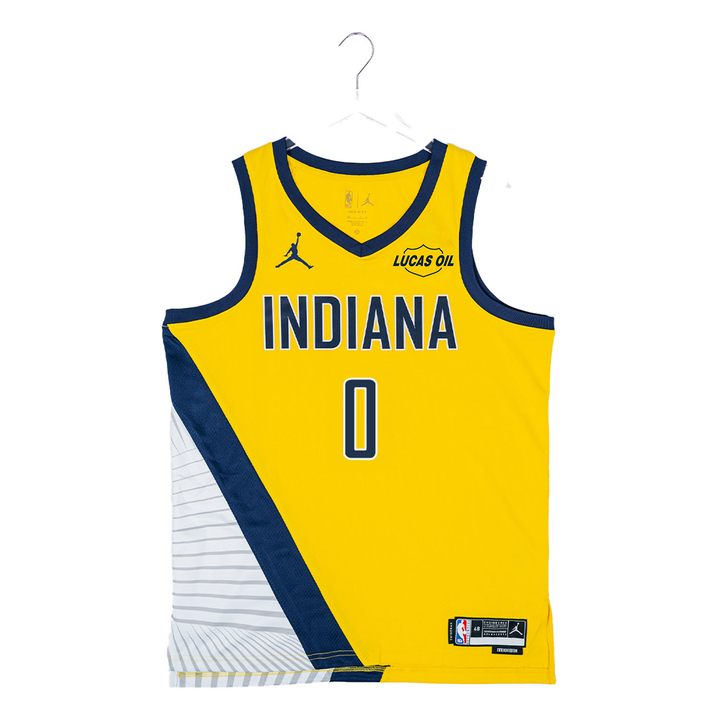 Adult Indiana Pacers #0 Tyrese Haliburton Statement Swingman Jersey in Gold by Jordan