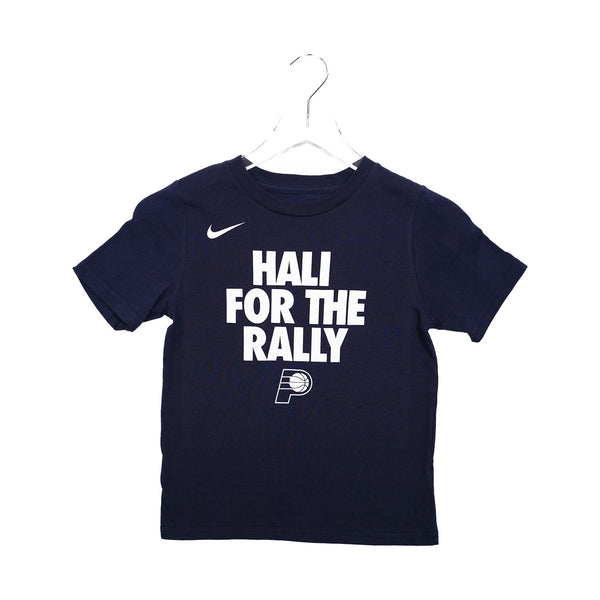 Youth Indiana Pacers 2024 NBA Playoffs Hali For The Rally T-shirt in Navy by Nike - Front View