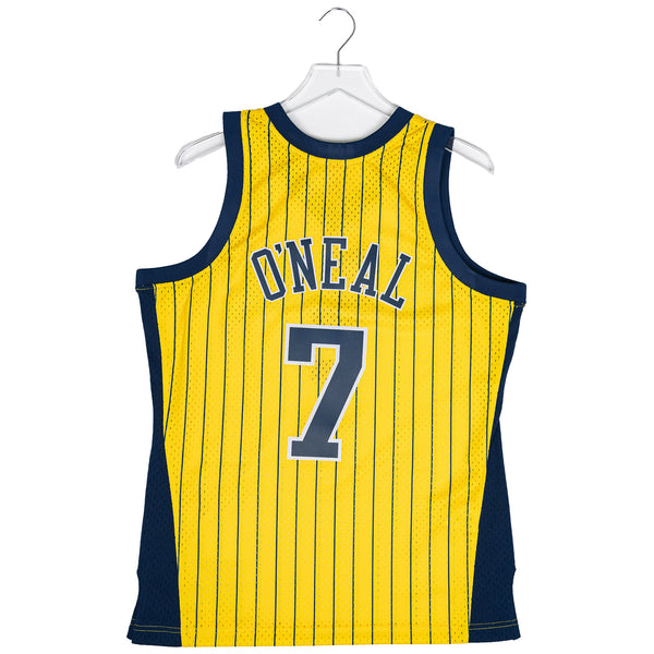 Indiana Pacers Jermaine O'Neal Pinstripe Swingman Jersey In Gold & Blue - Back View
