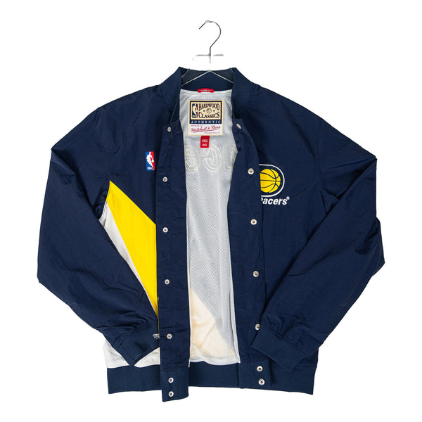 Adult Indiana Pacers Authentic Flo Jo Warm-Up Jacket by Mitchell and Ness In Blue, Gold & White - Front View Unbuttoned