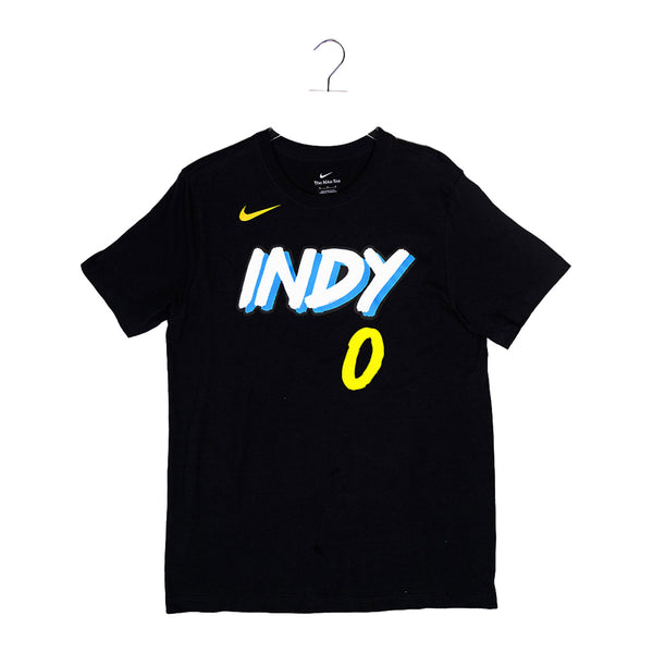 Adult Indiana Pacers #0 Tyrese Haliburton 23-24' CITY EDITION Name and Number T-shirt in Black by Nike - Front View