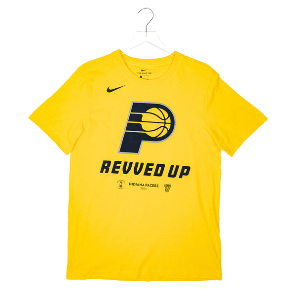 Adult Indiana Pacers 2024 NBA Playoffs Revved Up T-shirt in Gold by Nike - Front View