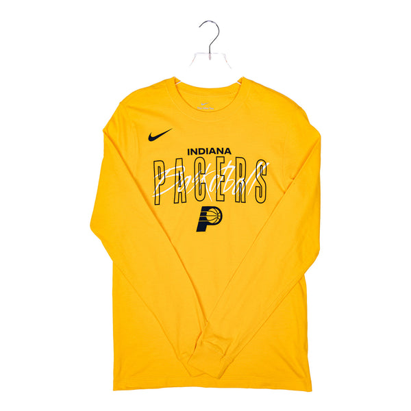 Adult Indiana Pacers Name Over Logo Basketball Long Sleeve Shirt in Gold by Nike - Front View