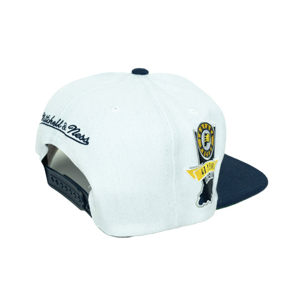 Indiana Pacers Toss Up Snapback Hat by Mitchell & Ness In White, Blue & Gold - Angled Back Right View