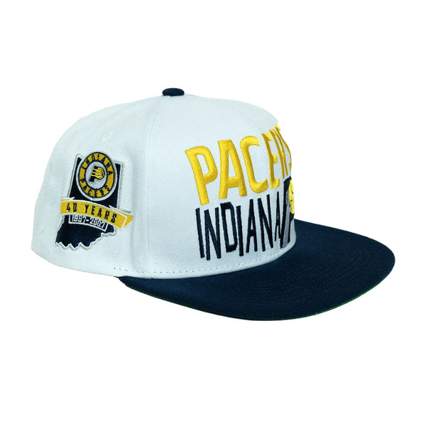 Indiana Pacers Toss Up Snapback Hat by Mitchell & Ness In White, Blue & Gold - Angled Right Side View