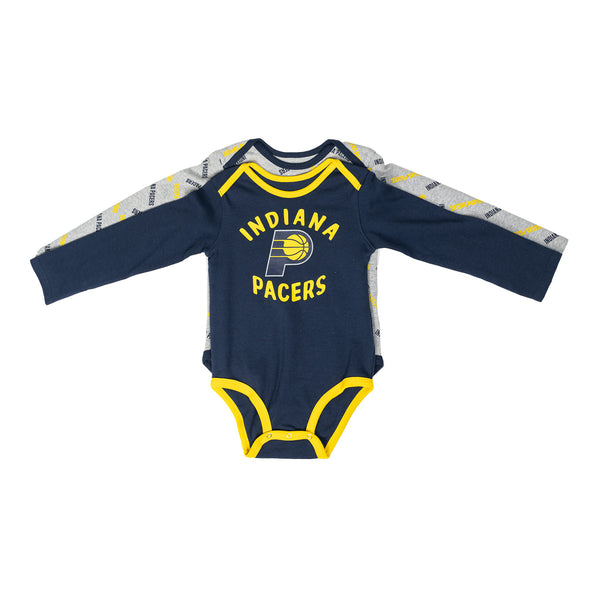 Newborn Indiana Pacers Triple Double Long Sleeve Creeper 2-Piece Set by Nike In Blue, Grey & Gold - Combined Front View