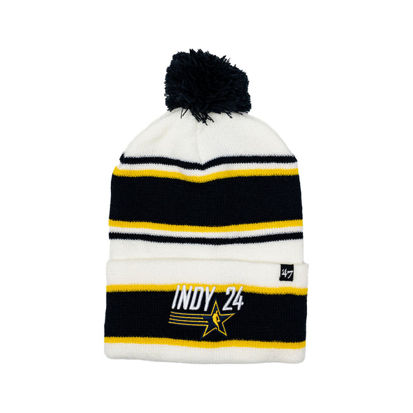 Youth NBA All-Star 2024 Indianapolis Stripling Cuff Pom Knit Hat in White by '47 - Front View
