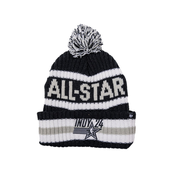 Adult NBA All-Star 2024 Indianapolis Bering Cuff Pom Knit Hat in Black by '47 Brand in Black, Grey, and White - Front View