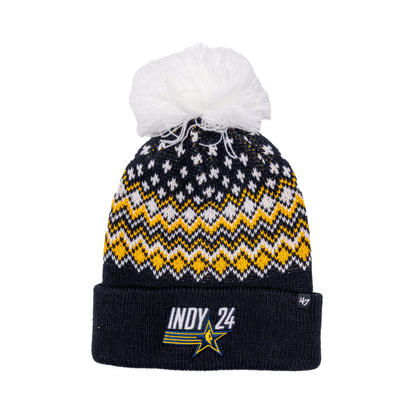 Women's NBA All-Star 2024 Indianapolis Elsa Pom Cuff Knit Hat in Navy by 47' Brand in Navy, White & Yellow - Front View
