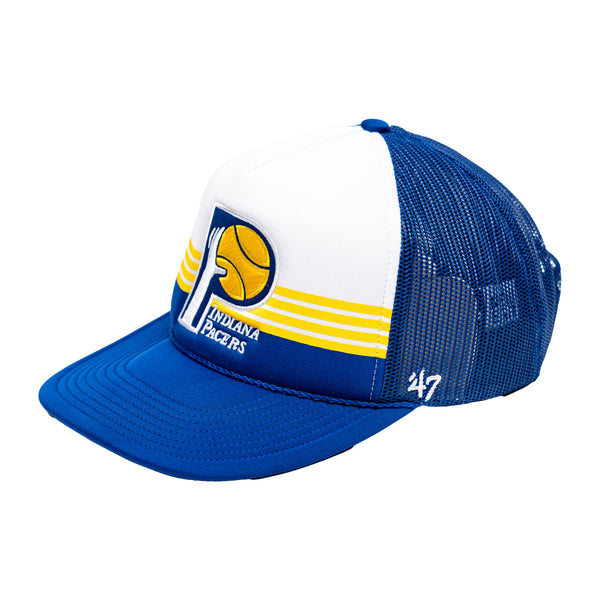 Adult Indiana Pacers Liftoff Trucker Hat in Royal by 47' - Angled Left Side View