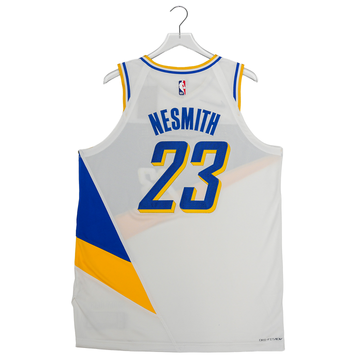 Basketball jersey with 'HESMITH' and number '23' on a hanger against a white background