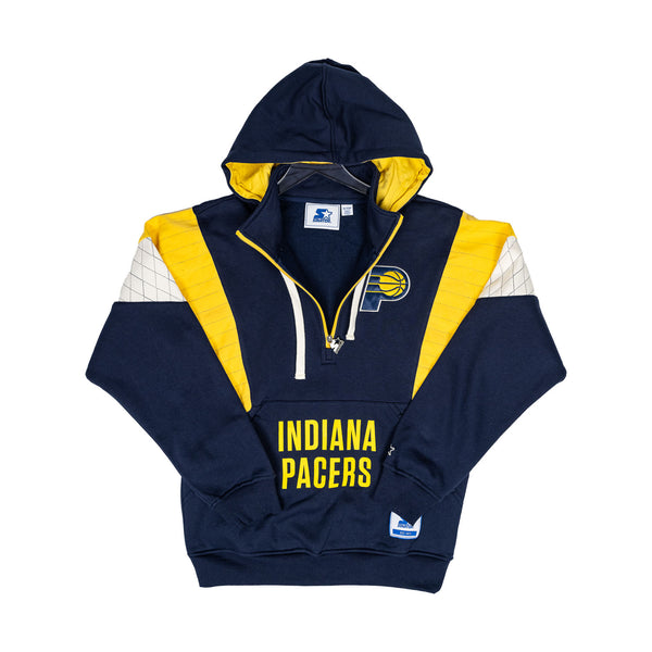 Adult Indiana Pacers 1/2 Zip Hooded Sweatshirt in Navy by Starter - Front View Unzipped