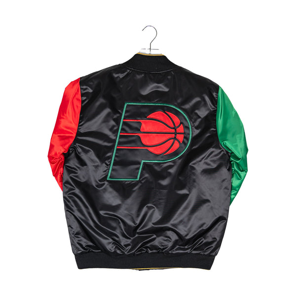 Adult Indiana Pacers 23-24' Black History Month Satin Jacket in Black by Starter in Black, Red, and Green - Back View