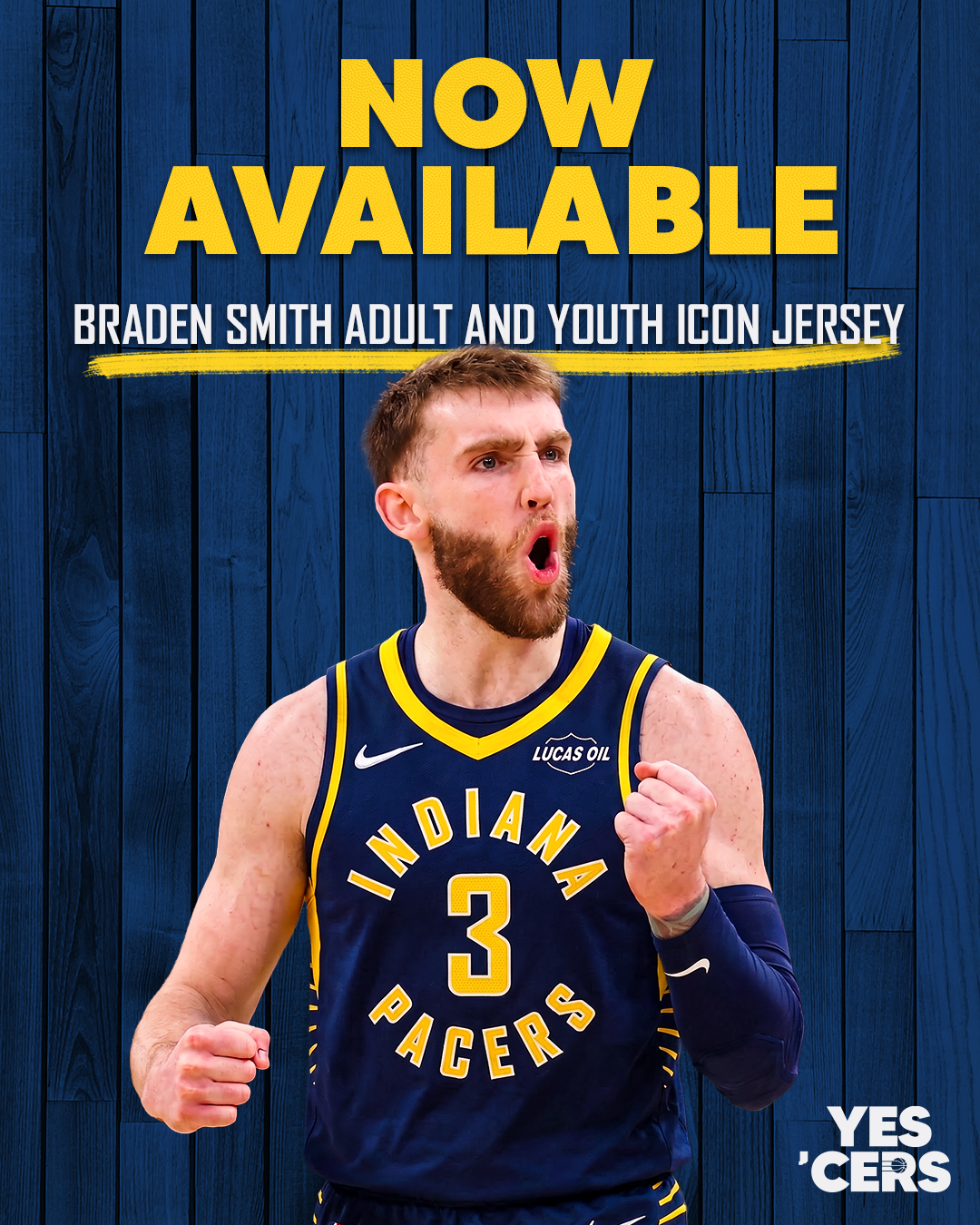 Basketball player wearing an Indiana Pacers jersey with promotional text against a blue background