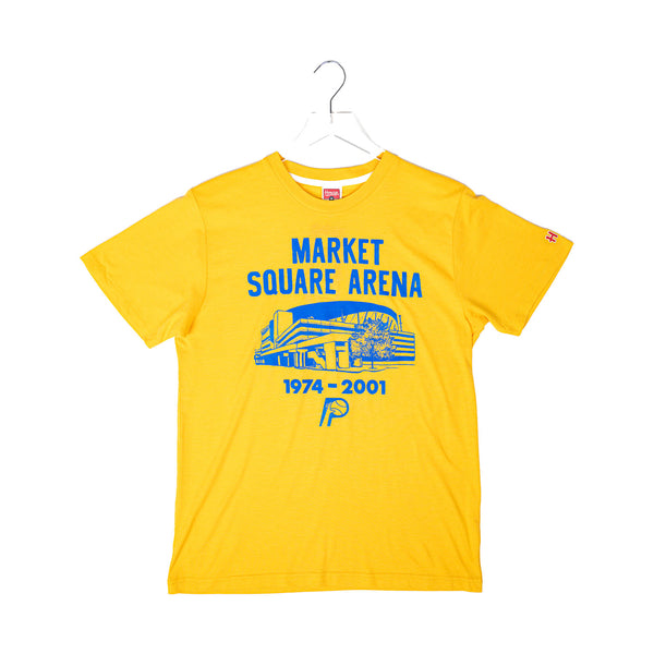 Adult Indiana Pacers Market Square Arena T-shirt in Gold by Homage - Front View
