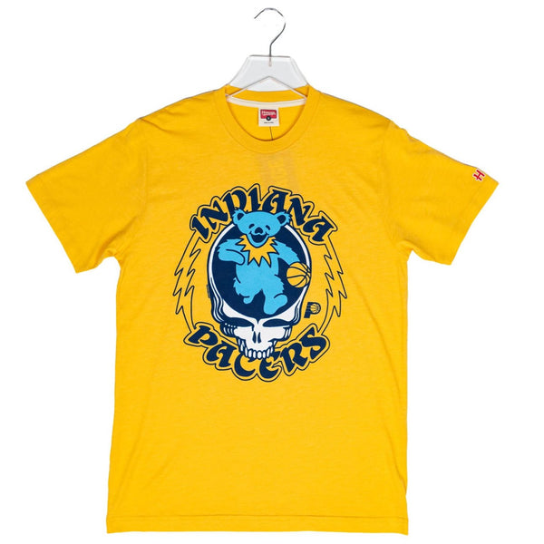 Adult Indiana Pacers Grateful Dead Bear T-shirt in Gold by Homage - Front View