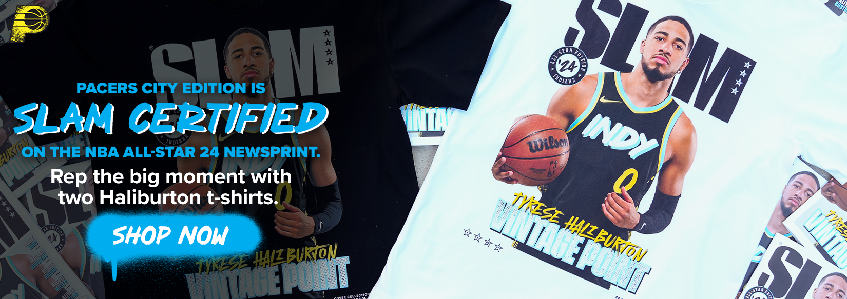 Pacers City Edition Is SLAM Certified On The NBA All-Star 24 Newsprint. Rep the big moment with two Haliburton t-shirts. SHOP NOW