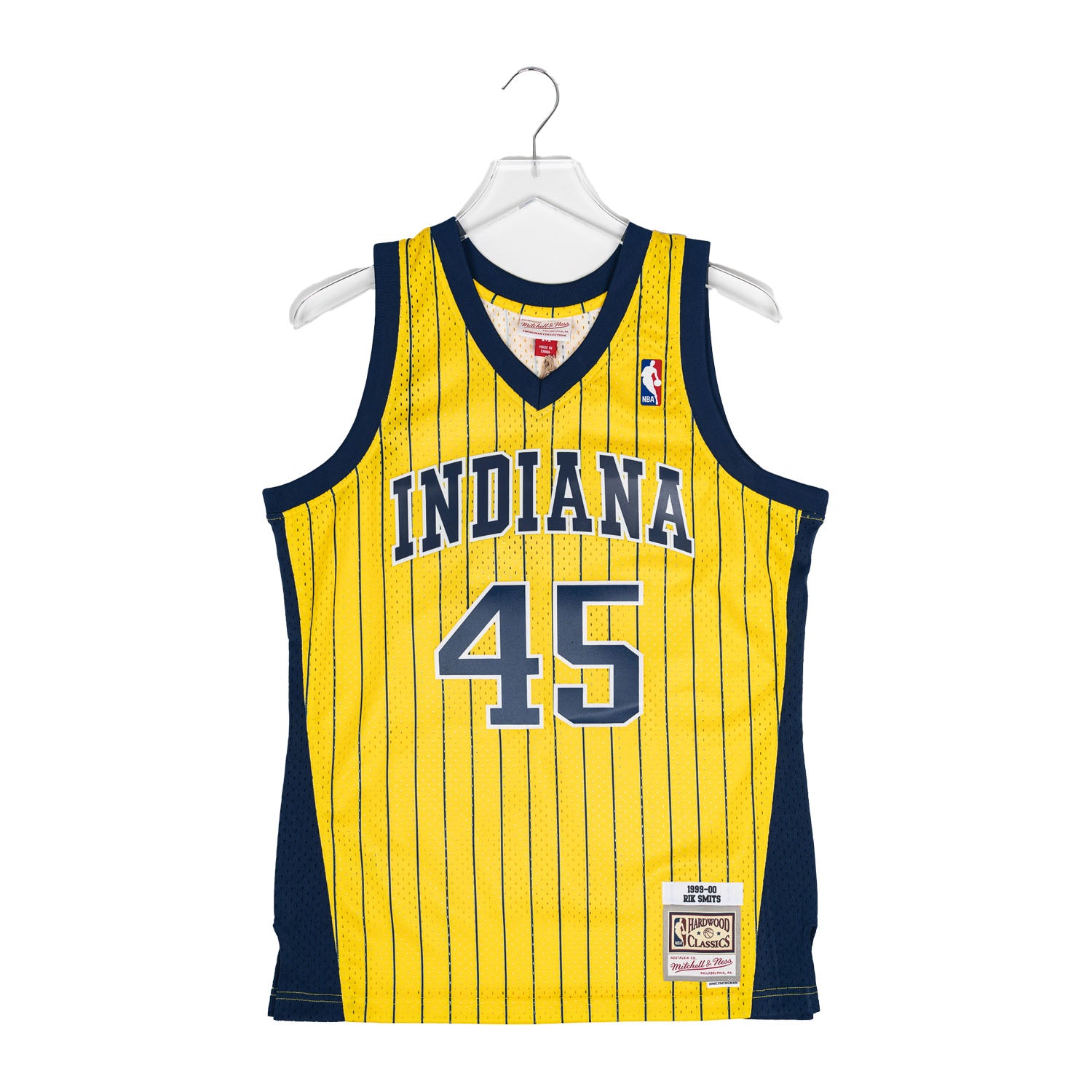 Adult Indiana Pacers Rik Smits #45 Gold Pinstripe Hardwood Classic Jersey  by Mitchell and Ness