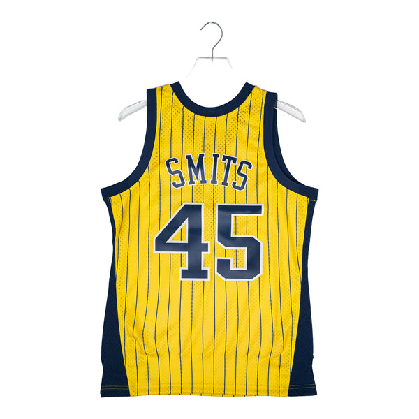 Adult Indiana Pacers Rik Smits #45 Gold Pinstripe Hardwood Classic Jersey by Mitchell and Ness - Back View