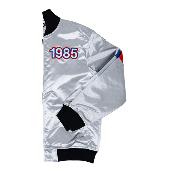 Adult Indianapolis NBA All-Star Weekend 1985 Lightweight Satin Jacket by Mitchell and Ness In Silver - Front Left Side View