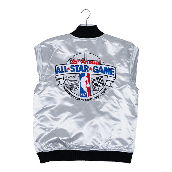 Adult Indianapolis NBA All-Star Weekend 1985 Lightweight Satin Jacket by Mitchell and Ness In Silver - Back View
