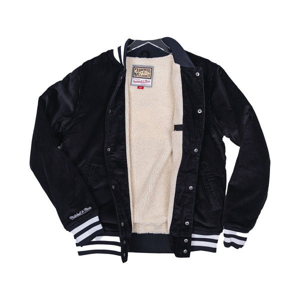 Adult Indiana Pacers Collegiate Corduroy Varsity Jacket in Black by Mitchell and Ness - Unzipped View