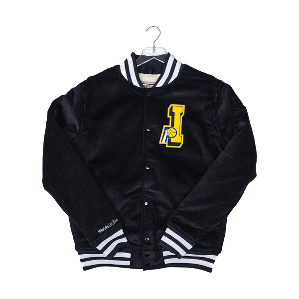 Adult Indiana Pacers Collegiate Corduroy Varsity Jacket in Black by Mitchell and Ness - Front View