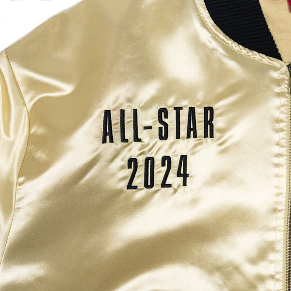 Adult NBA All-Star 2024 Indianapolis Lightweight Satin Jacket in Gold by Mitchell and Ness - Zoomed in All-Star Logo View