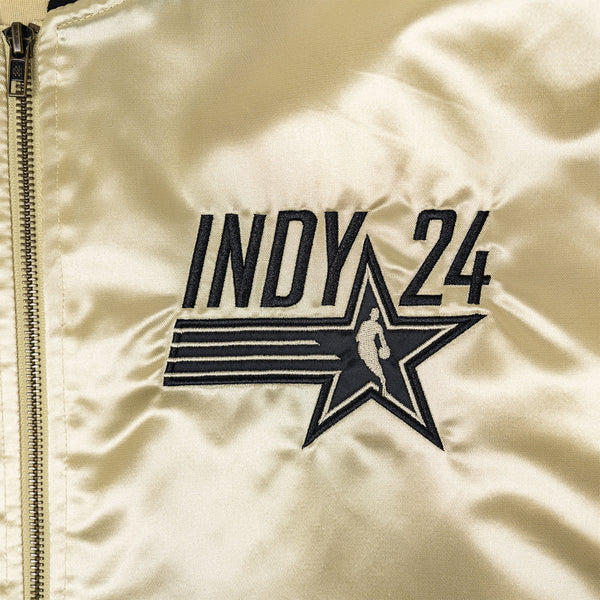 Adult NBA All-Star 2024 Indianapolis Lightweight Satin Jacket in Gold by Mitchell and Ness - Zoomed in Indy ASW 24 Logo View