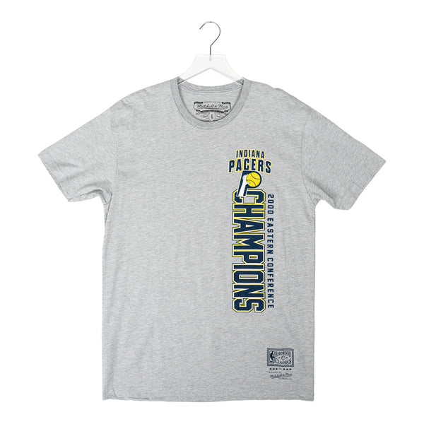 Adult Indiana Pacers 2000 Eastern Conference Champs Locker Room T-shirt by Mitchell and Ness In Grey - Front View