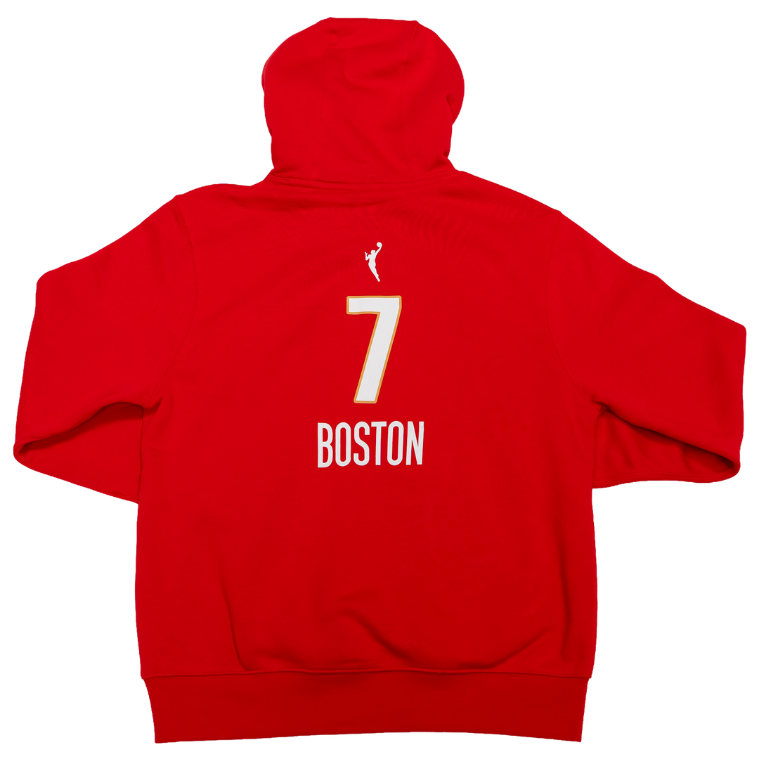 Red hoodie with '7 BOSTON' printed on the back against a white background