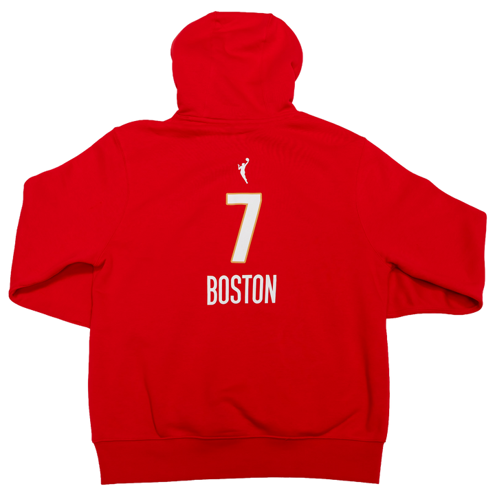 Red hoodie with '7 BOSTON' printed on the back against a white background