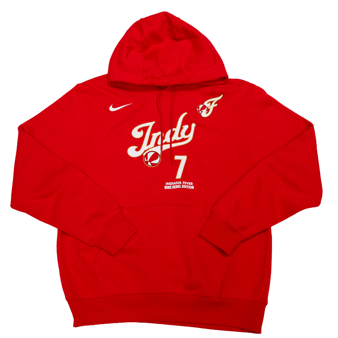 Red hoodie with white text and logo on a white background