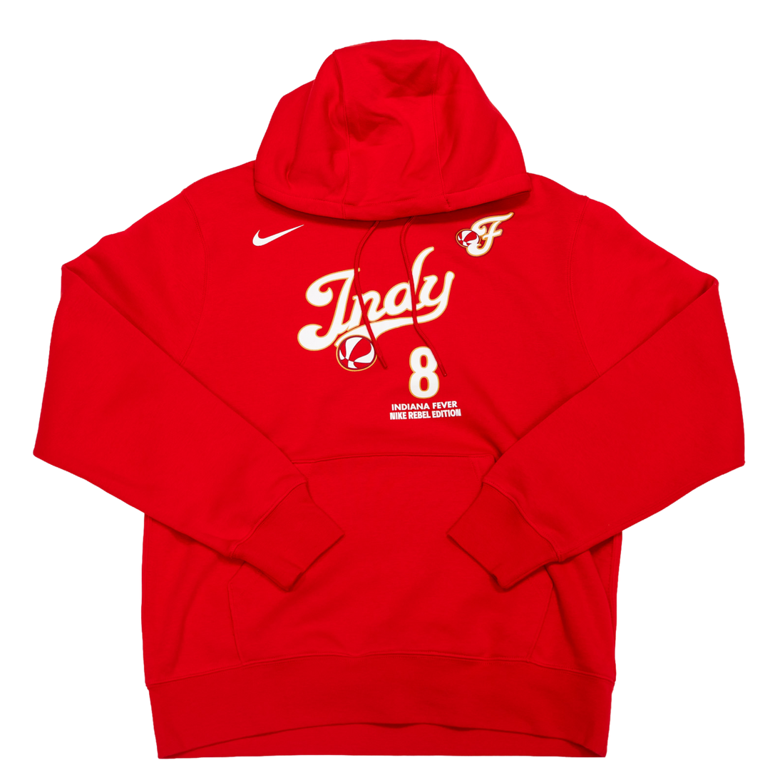 Red hoodie with white text and logo on a white background