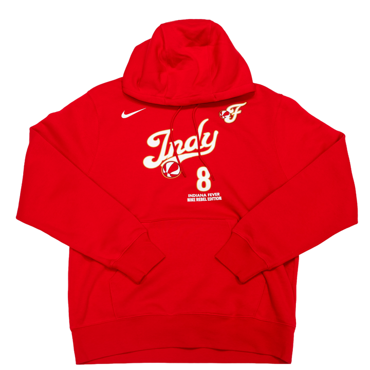 Red hoodie with white text and logo on a white background