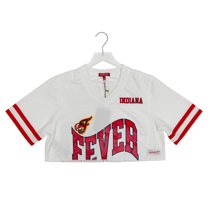 Women's Indiana Fever Cropped Fashion Football Jersey in White by Mitchell and Ness