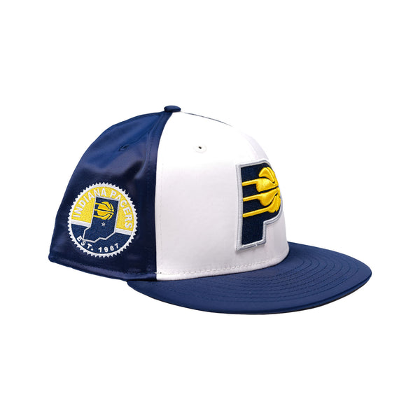Adult Indiana Pacers Primary Logo Satin 59Fifty Hat in White by New Era - Angled Left View