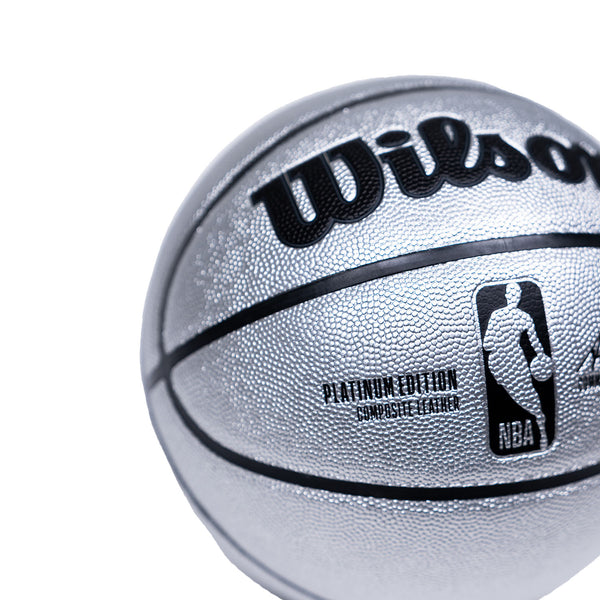 NBA Platinum Edition Full Size Basketball in Silver by Wilson - Zoomed in Logo View