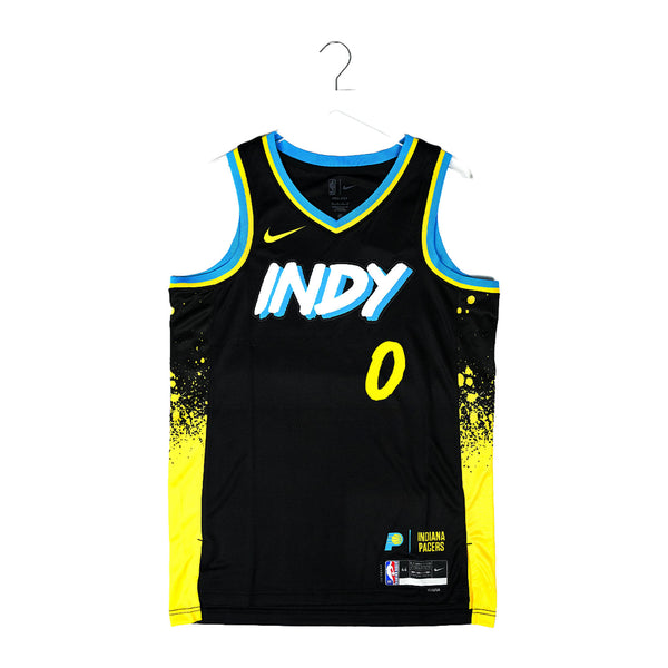 Adult Indiana Pacers 23-24' CITY EDITION #0 Tyrese Haliburton Swingman Jersey by Nike In Black - Front View