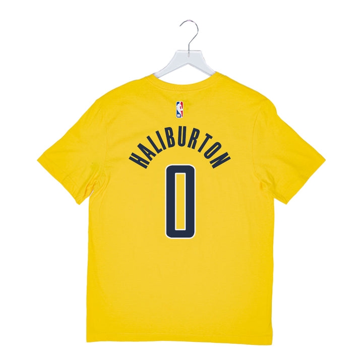 Adult Indiana Pacers #0 Tyrese Haliburton Statement Name and Number T-shirt by Jordan in Gold - Back View