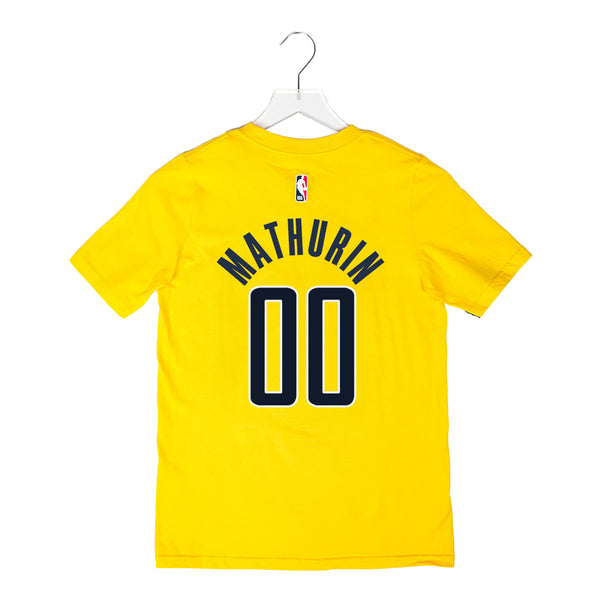 Youth Indiana Pacers #00 Bennedict Mathurin Statement Name and Number T-shirt by Jordan in Gold - Back View