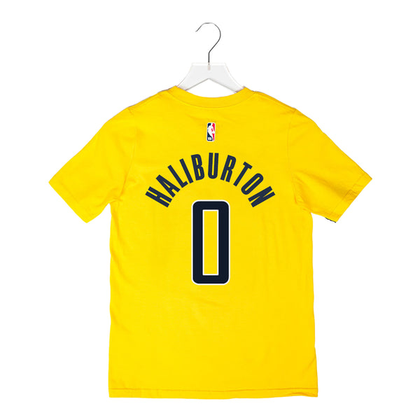 Youth Indiana Pacers #0 Tyrese Haliburton Statement Name and Number T-Shirt by Jordan in Gold - Back View