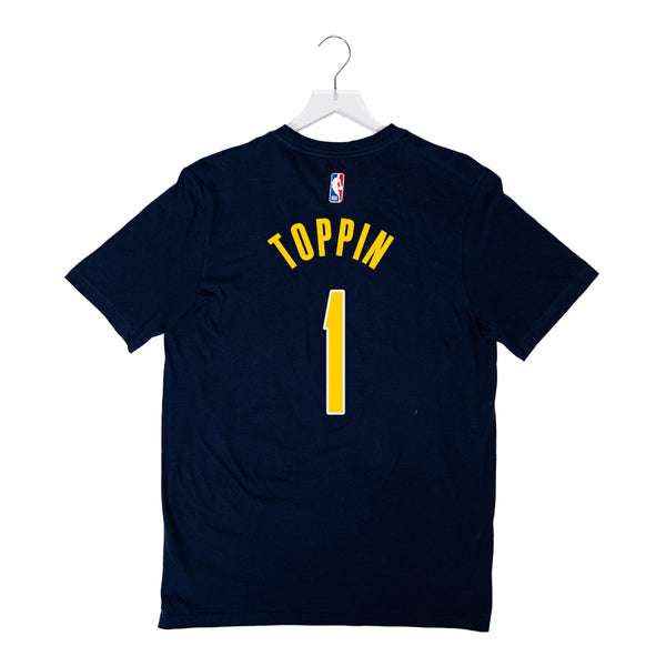 Adult Indiana Pacers #1 Obi Toppin Icon Name and Number T-shirt by Nike In Navy - Back View