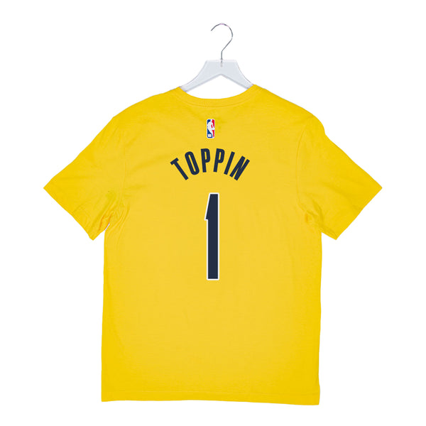 Adult Indiana Pacers #1 Obi Toppin Statement Name and Number T-shirt by Jordan in Gold - Back View