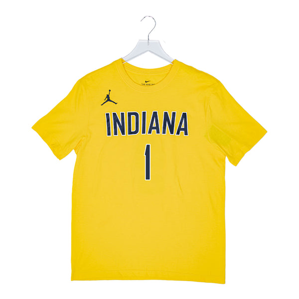 Adult Indiana Pacers #1 Obi Toppin Statement Name and Number T-shirt by Jordan in Gold - Front View